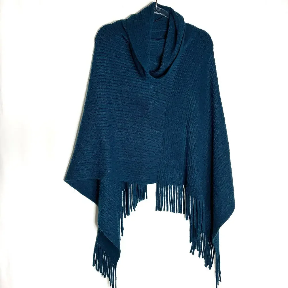 Chico's Teal Blue Cowl Neck Poncho Sweater 100% Acrylic ONE SIZE